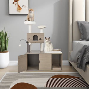 2-in-1 Modern Cat Tower with Litter Box Enclosure for Indoor Cars-Gray view 3