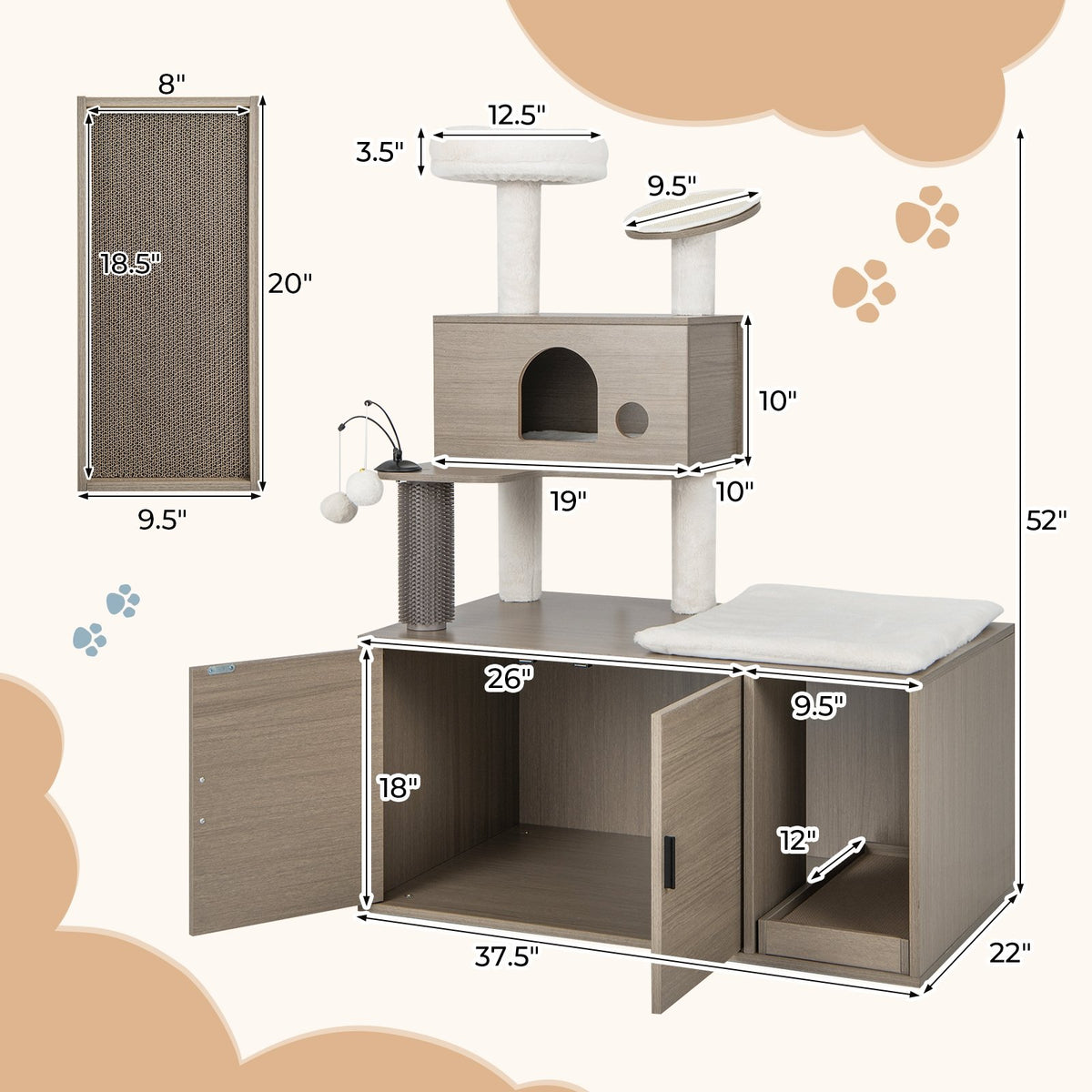 2-in-1 Modern Cat Tower with Litter Box Enclosure for Indoor Cars-Gray view 5