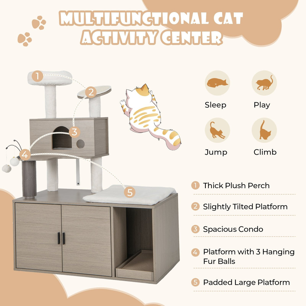 2-in-1 Modern Cat Tower with Litter Box Enclosure for Indoor Cars-Gray view 6