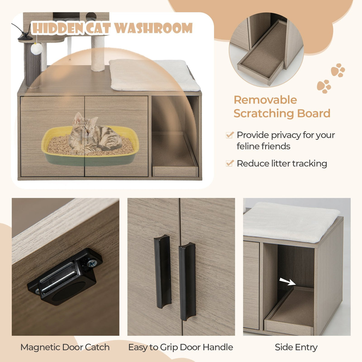 2-in-1 Modern Cat Tower with Litter Box Enclosure for Indoor Cars-Gray view 8