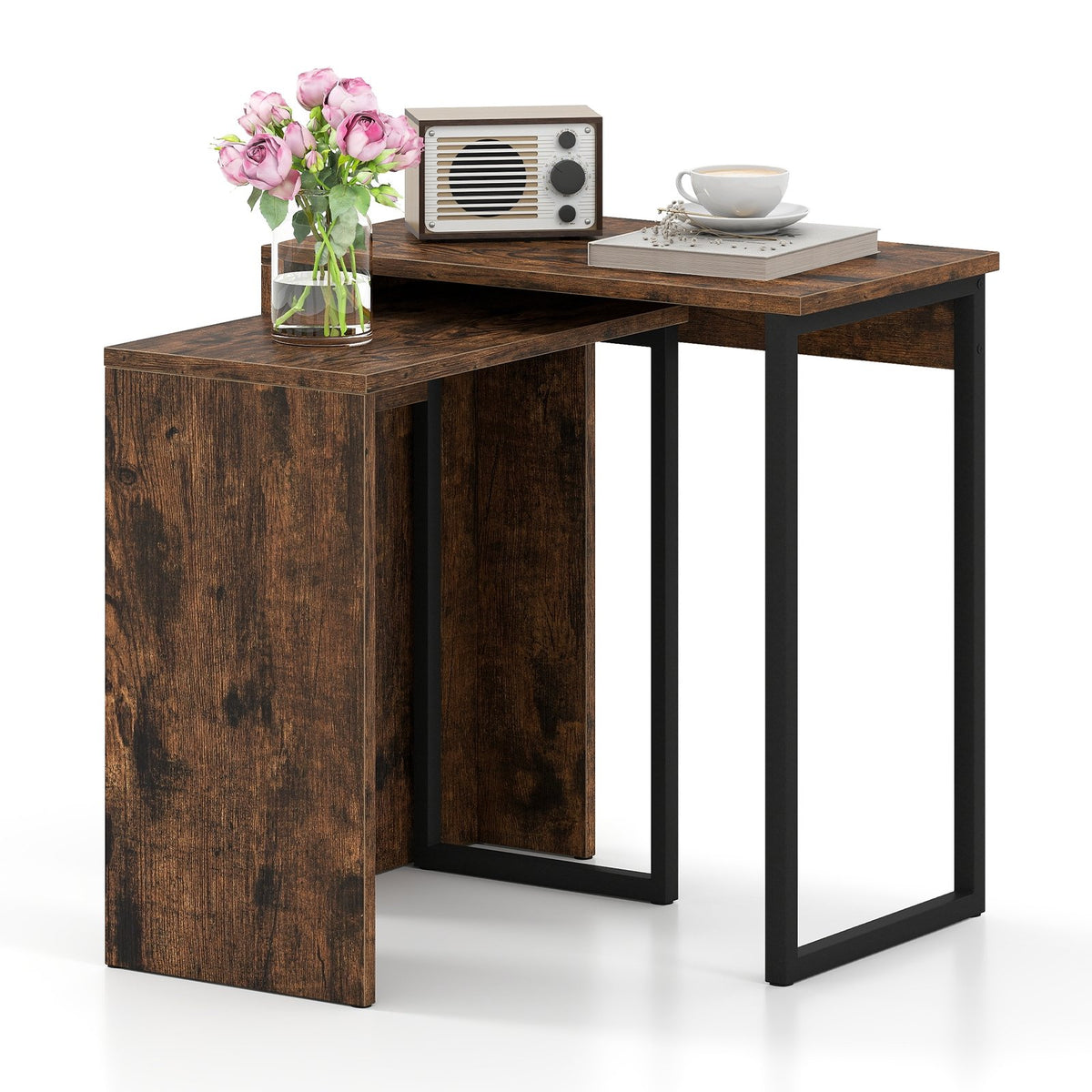 2-in-1 Nesting Coffee Table Set of 2 for Living Room and Bedroom-Rustic Brown