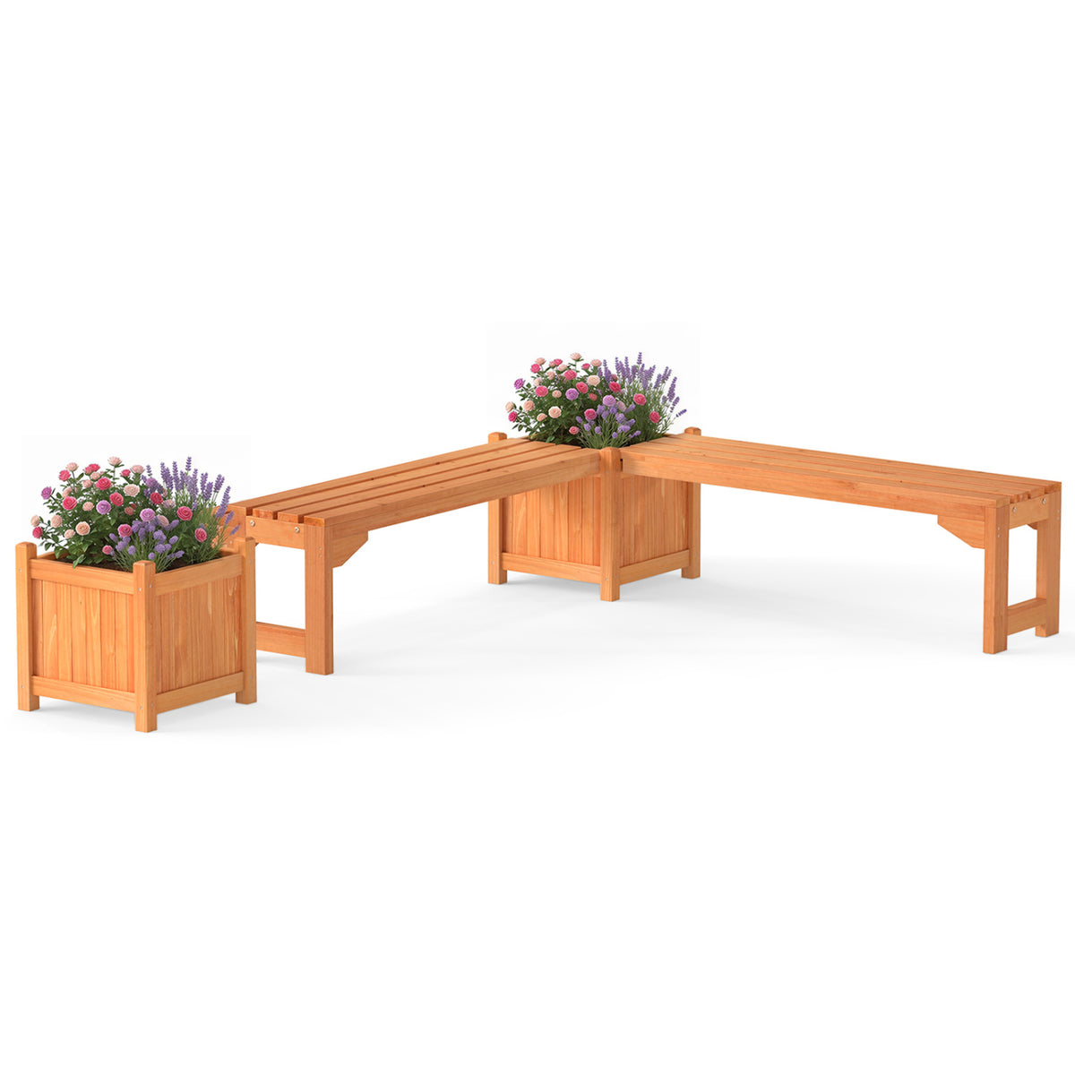 Set of 2 Outdoor Bench with Raised Garden Bed with Spacious Seat and Detachable Bottom Plates-Orange view 4