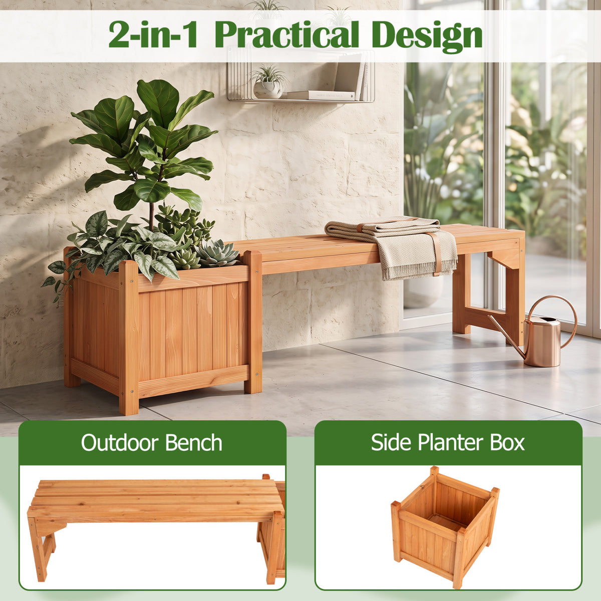 Set of 2 Outdoor Bench with Raised Garden Bed with Spacious Seat and Detachable Bottom Plates-Orange view 7