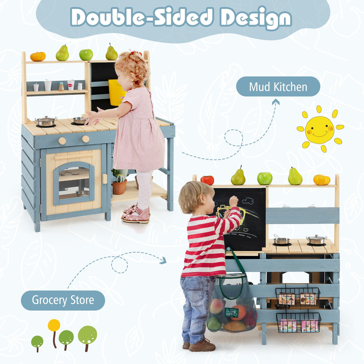 2-In-1 Outdoor Mud Kitchen with Faucet and Extra Chalkboard view 3