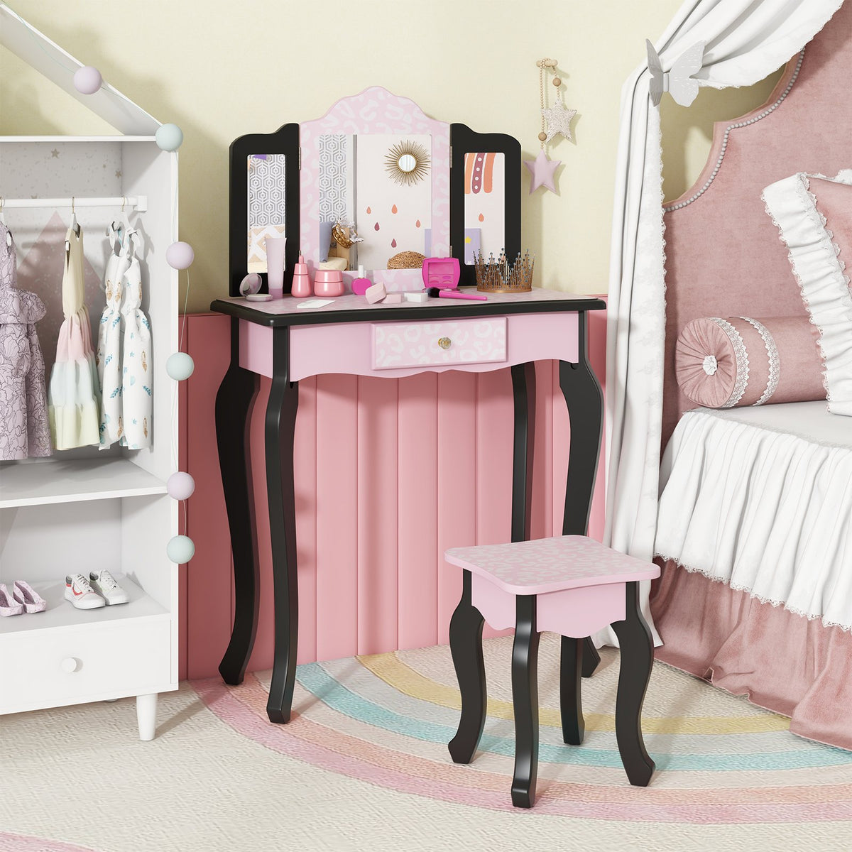2 in 1 Princess Dressing Table Writing Desk with Cute Leopard Print 3 Makeup Accessories-Pink view 2