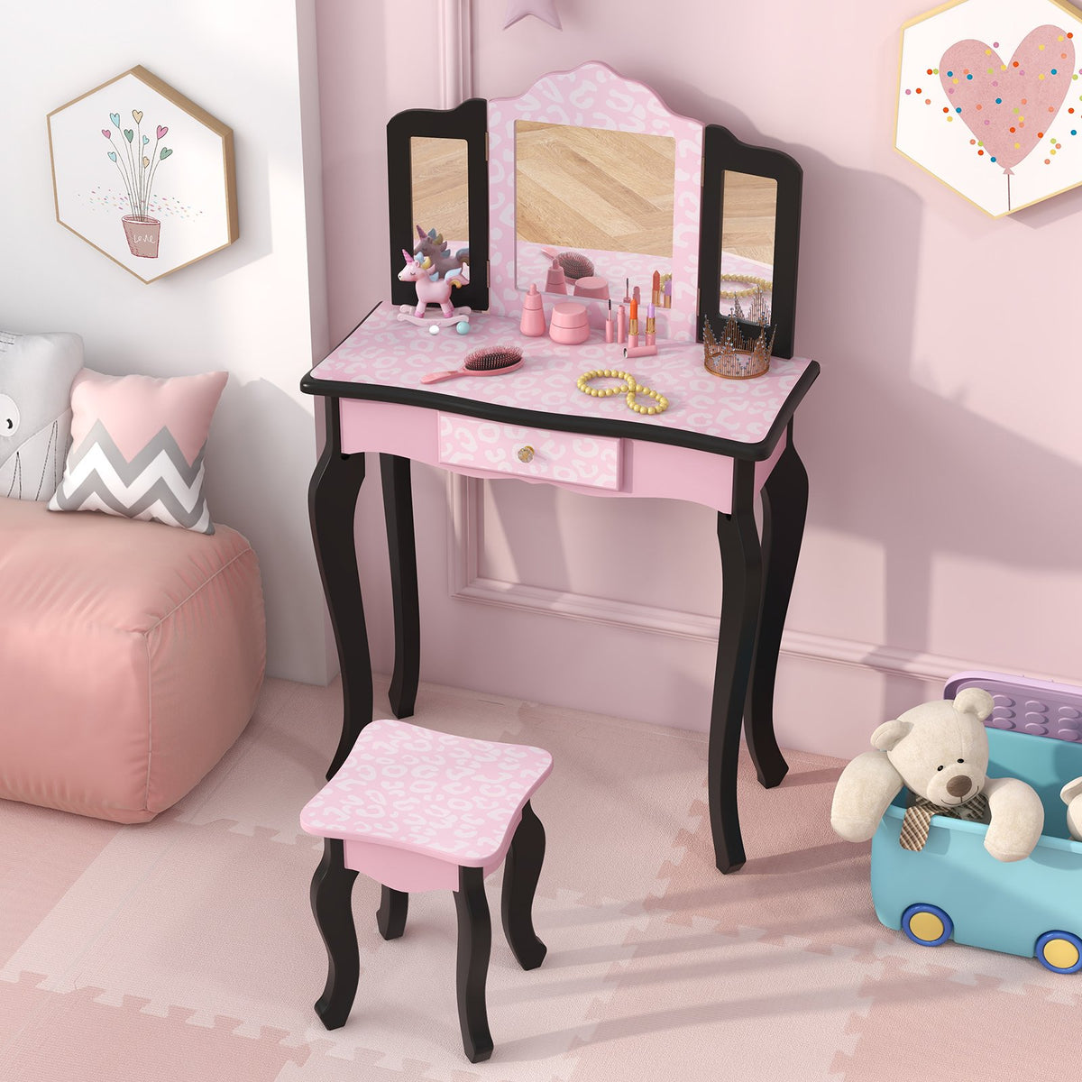 2 in 1 Princess Dressing Table Writing Desk with Cute Leopard Print 3 Makeup Accessories-Pink view 3