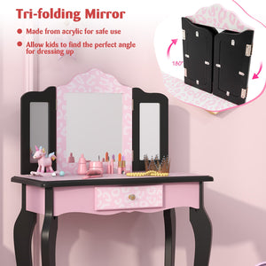 2 in 1 Princess Dressing Table Writing Desk with Cute Leopard Print 3 Makeup Accessories-Pink view 8