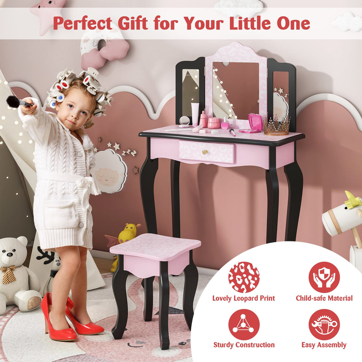 2 in 1 Princess Dressing Table Writing Desk with Cute Leopard Print 3 Makeup Accessories-Pink view 9