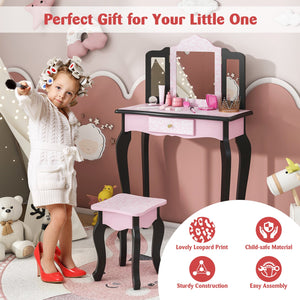 2 in 1 Princess Dressing Table Writing Desk with Cute Leopard Print 3 Makeup Accessories-Pink view 9