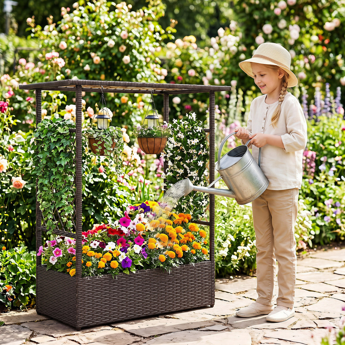 2-in-1 Raised Garden Bed with Hanging Roof and Trellises-Brown view 2