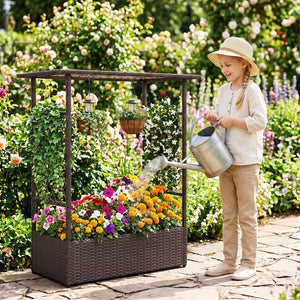 2-in-1 Raised Garden Bed with Hanging Roof and Trellises-Brown view 2