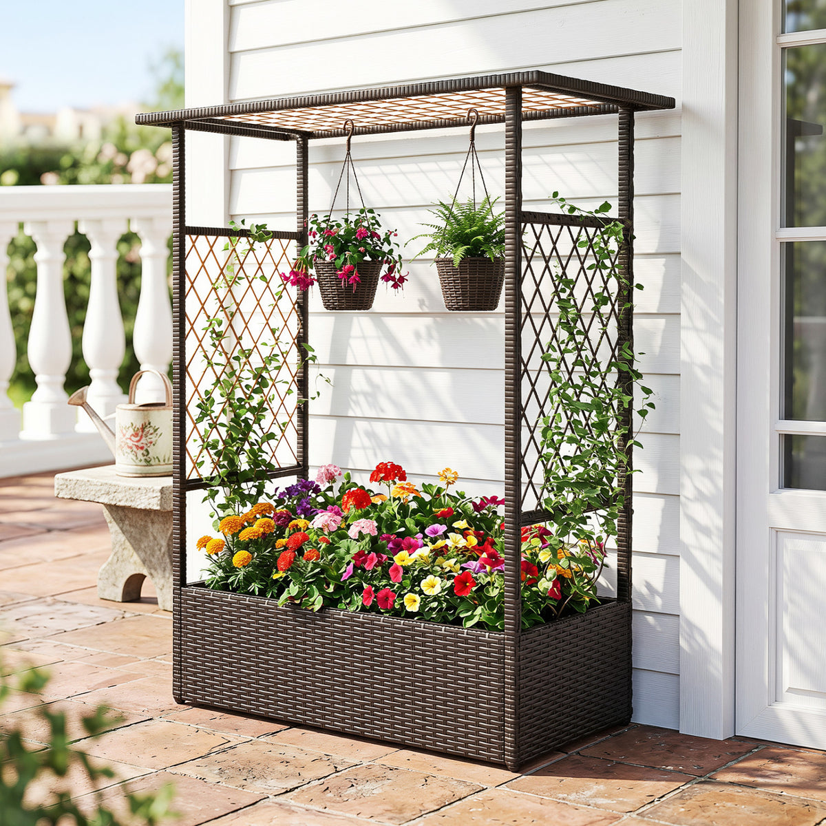 2-in-1 Raised Garden Bed with Hanging Roof and Trellises-Brown view 3