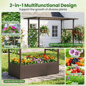2-in-1 Raised Garden Bed with Hanging Roof and Trellises-Brown view 5