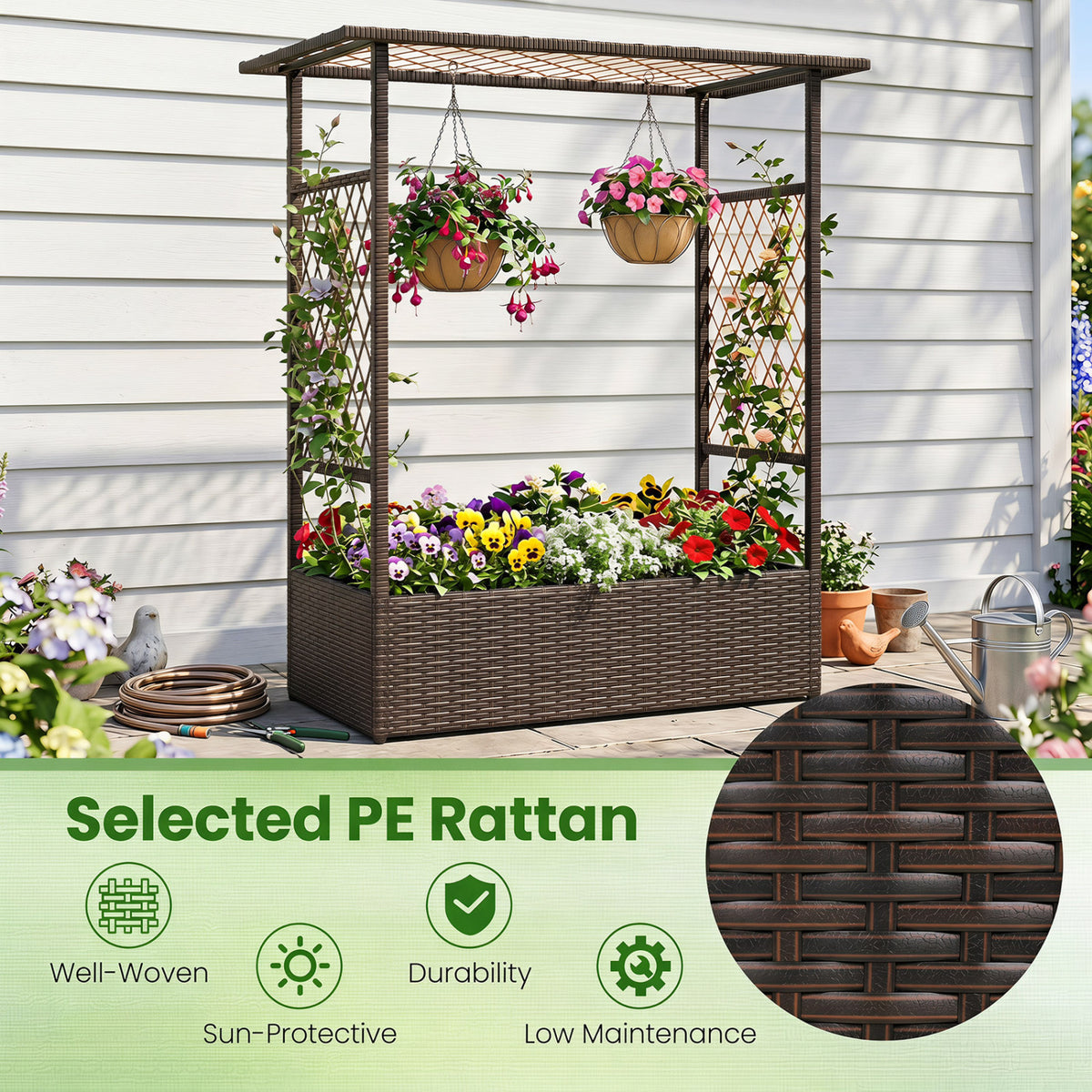 2-in-1 Raised Garden Bed with Hanging Roof and Trellises-Brown view 6