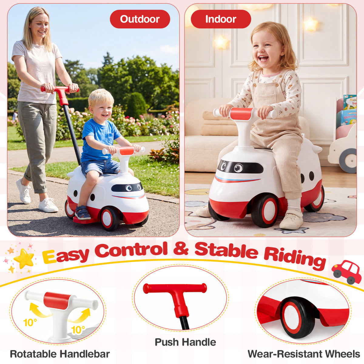 2-in-1 Ride On Push Car for Toddlers 1-3 Years Old Sliding Walker with Horn-Red view 8