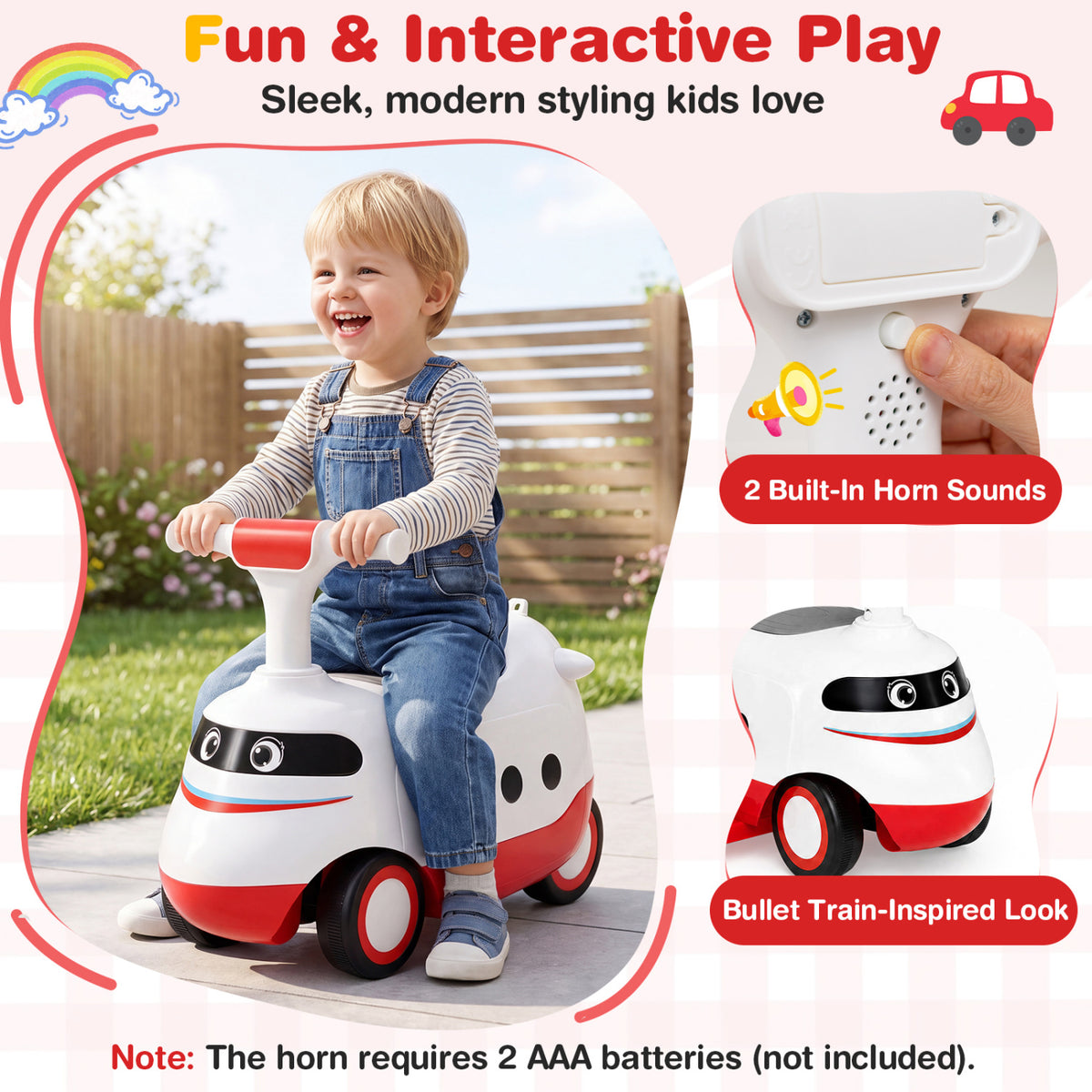 2-in-1 Ride On Push Car for Toddlers 1-3 Years Old Sliding Walker with Horn-Red view 9