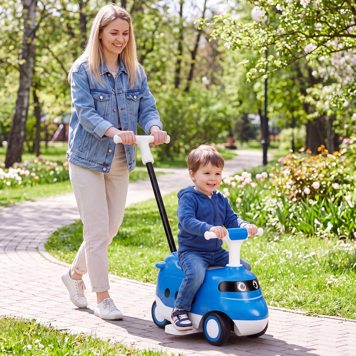 2-in-1 Ride On Push Car for Toddlers 1-3 Years Old with Horn-Blue view 2