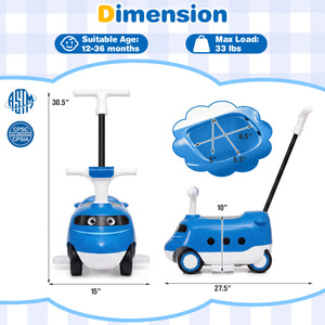 2-in-1 Ride On Push Car for Toddlers 1-3 Years Old with Horn-Blue view 4