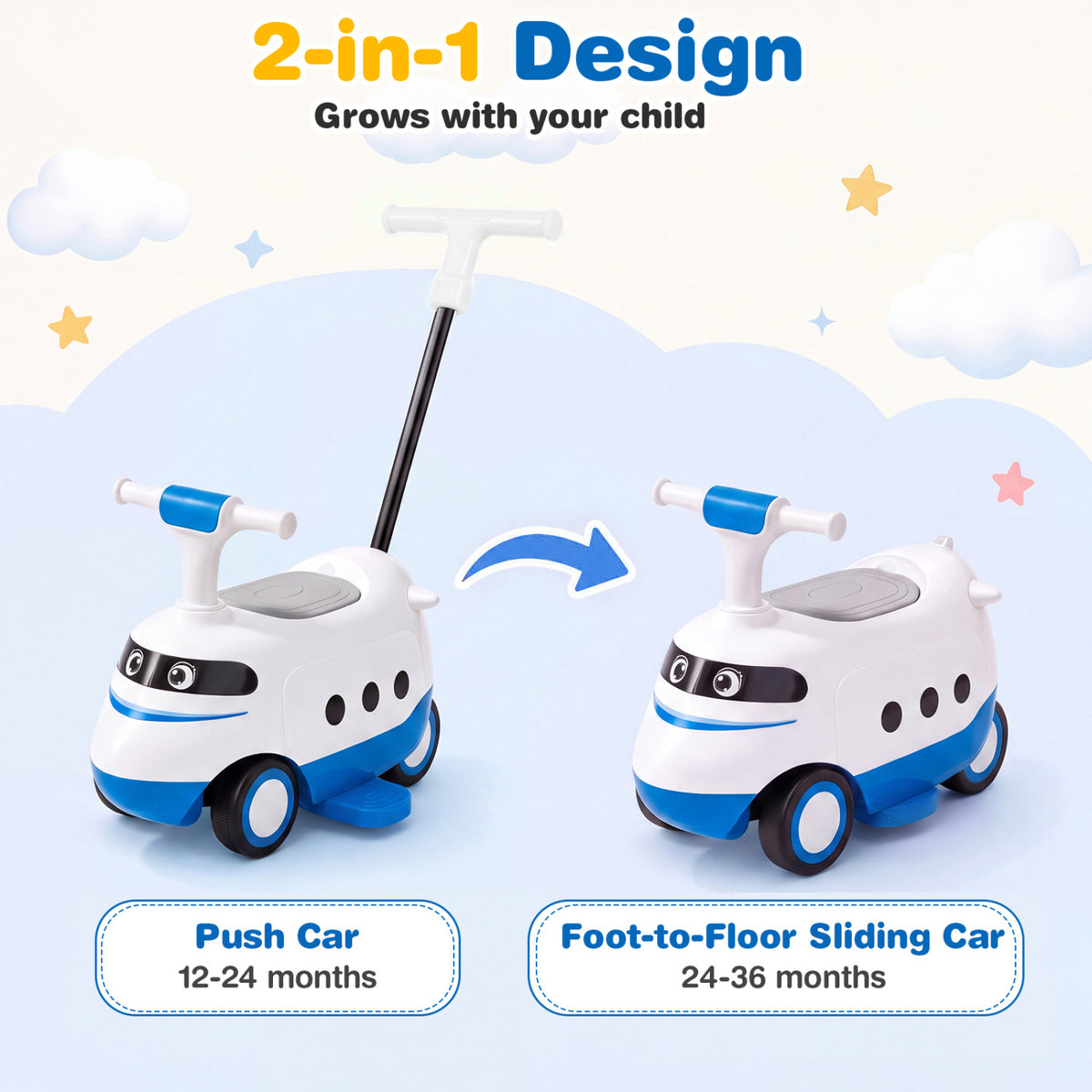 2-in-1 Ride On Push Car for Toddlers 1-3 Years Old with Horn-Blue view 6