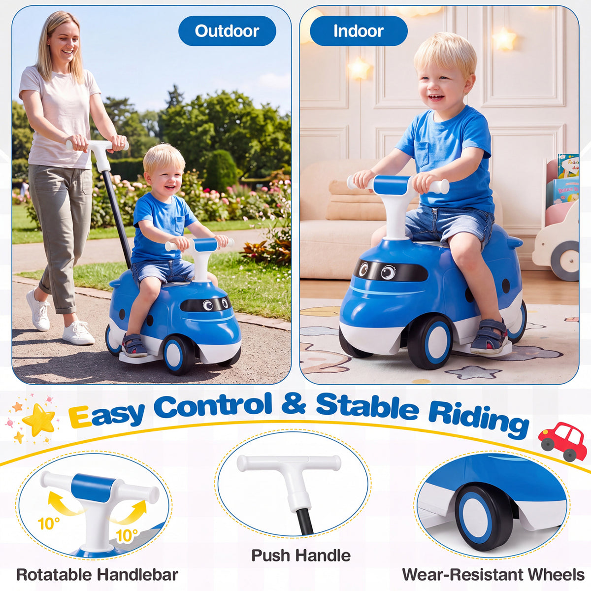 2-in-1 Ride On Push Car for Toddlers 1-3 Years Old with Horn-Blue view 8