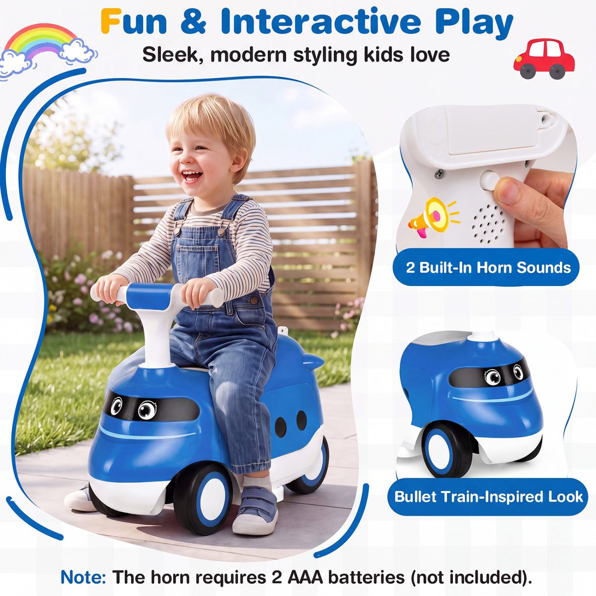 2-in-1 Ride On Push Car for Toddlers 1-3 Years Old with Horn-Blue view 9