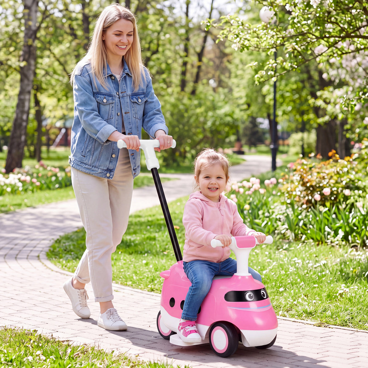 2-in-1 Ride On Push Car for Toddlers 1-3 Years Old with Horn-Pink view 2