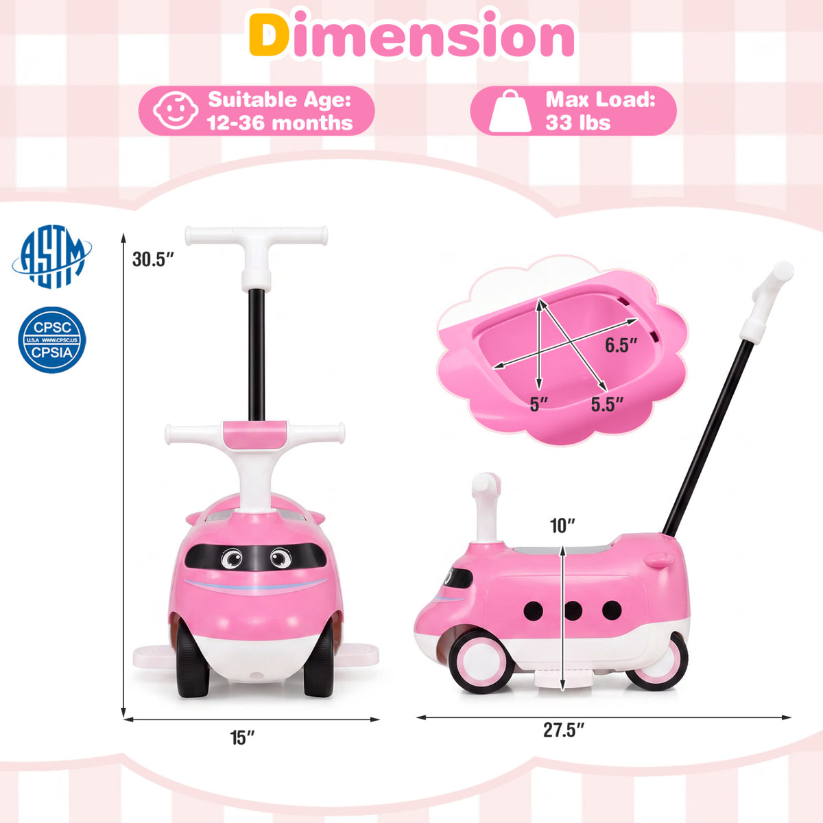 2-in-1 Ride On Push Car for Toddlers 1-3 Years Old with Horn-Pink view 4