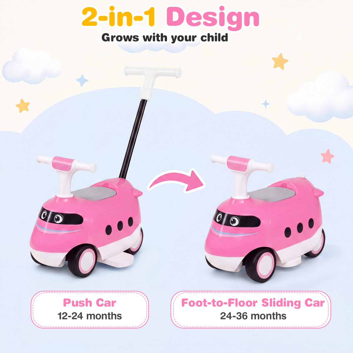 2-in-1 Ride On Push Car for Toddlers 1-3 Years Old with Horn-Pink view 6