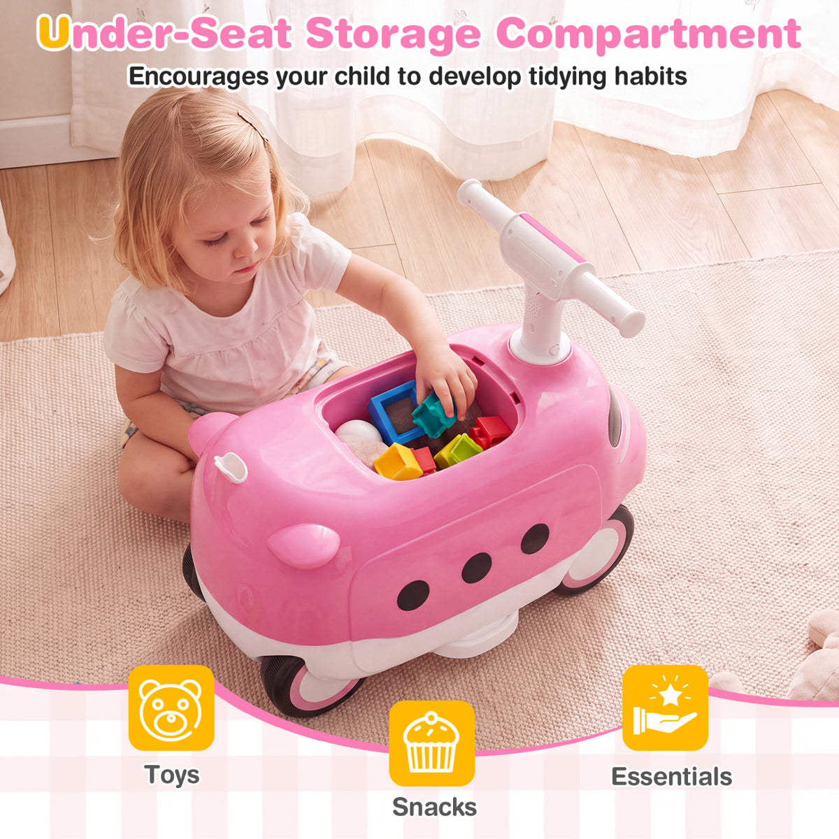 2-in-1 Ride On Push Car for Toddlers 1-3 Years Old with Horn-Pink view 7