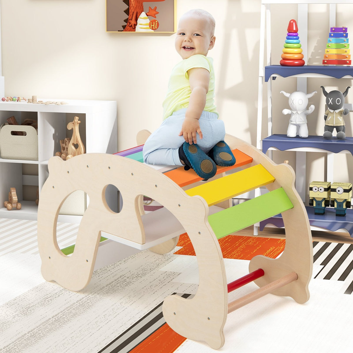 2-in-1 Rocking Horse Arch for Kids Montessori Climbing Toys with Arch Climber-Multicolor view 3
