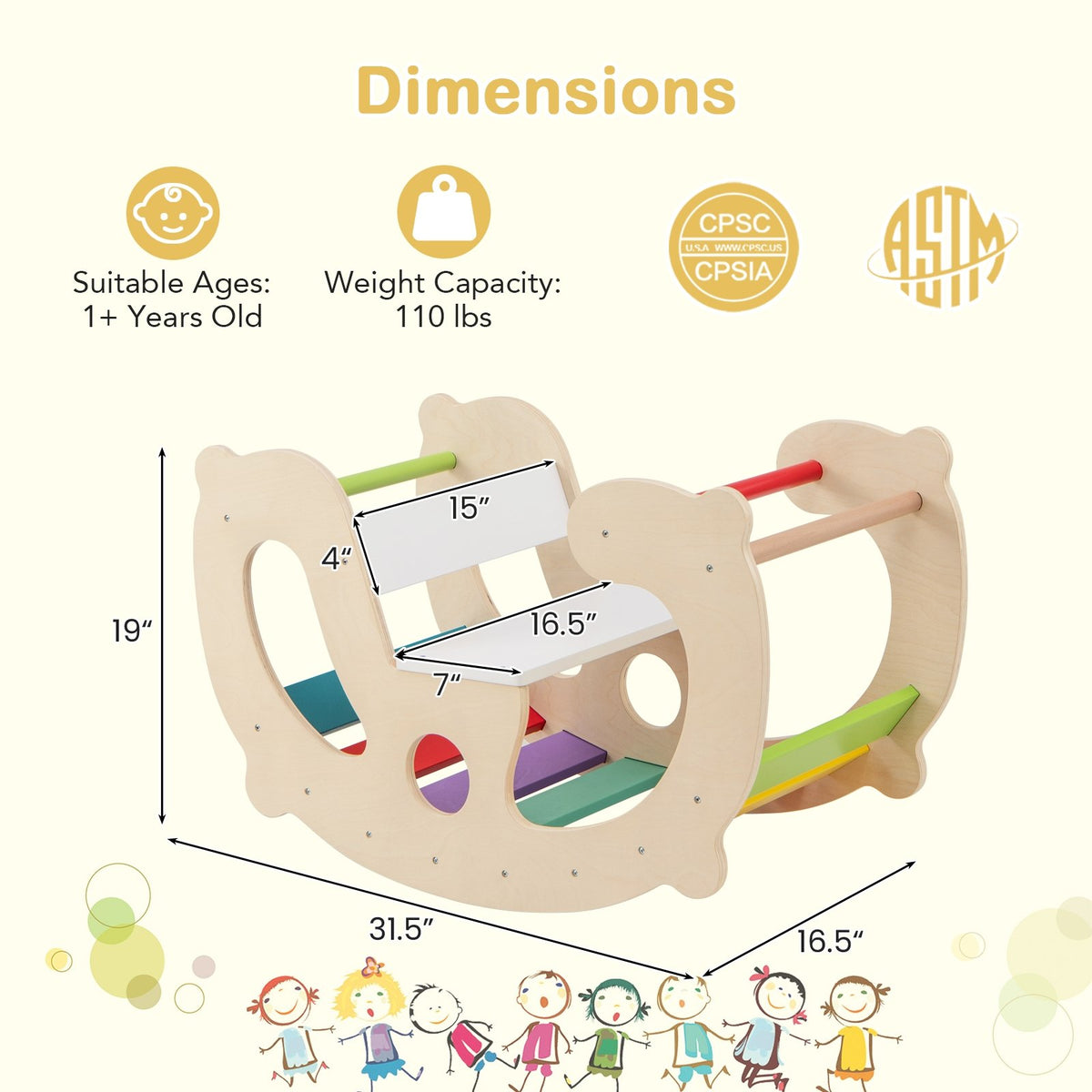 2-in-1 Rocking Horse Arch for Kids Montessori Climbing Toys with Arch Climber-Multicolor view 5