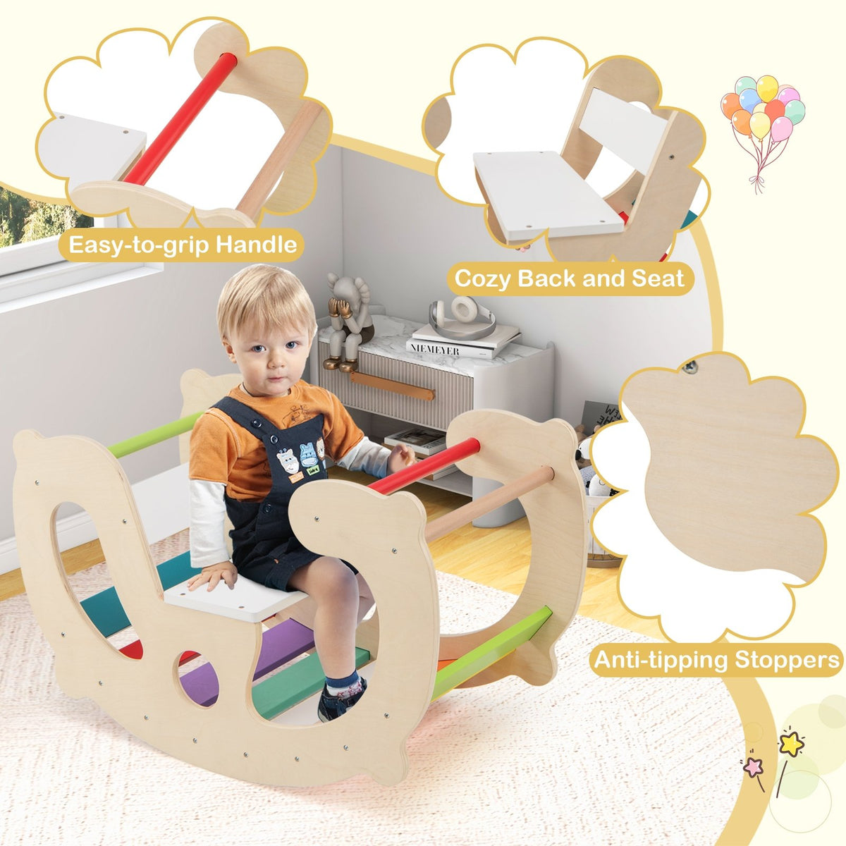 2-in-1 Rocking Horse Arch for Kids Montessori Climbing Toys with Arch Climber-Multicolor view 7