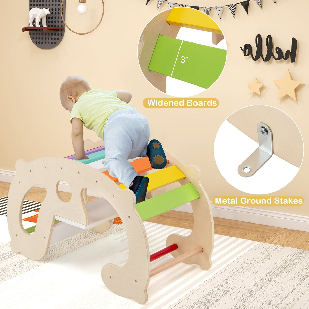 2-in-1 Rocking Horse Arch for Kids Montessori Climbing Toys with Arch Climber-Multicolor view 8