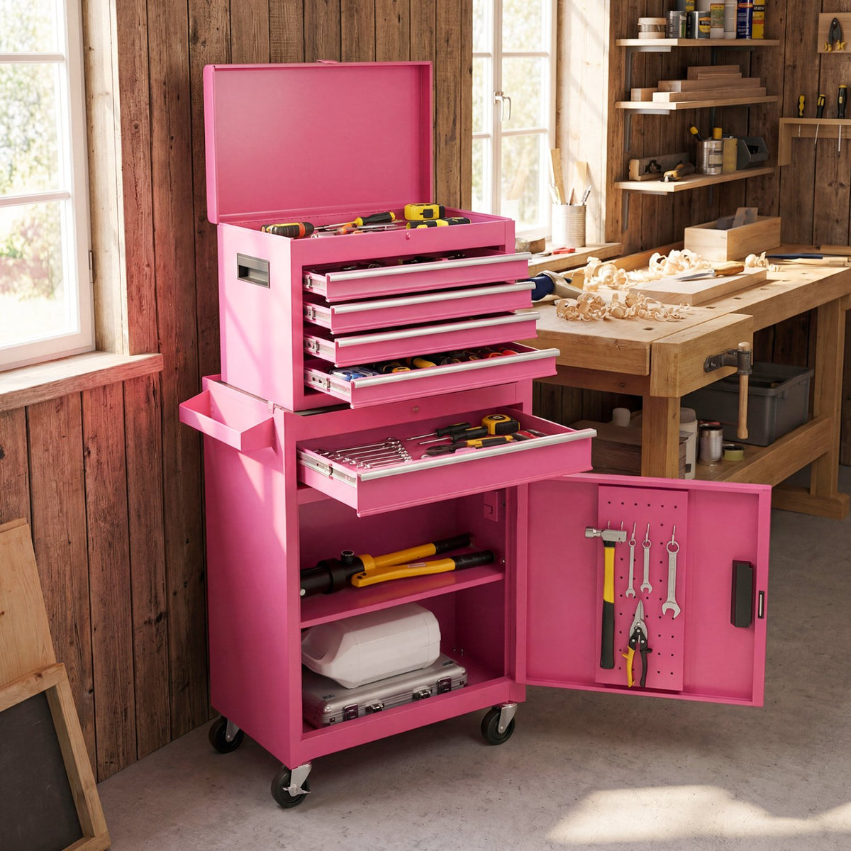 2-in-1 Rolling Tool Chest with 5 Sliding Lockable Drawers-Pink view 3
