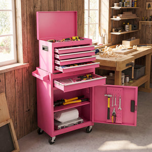 2-in-1 Rolling Tool Chest with 5 Sliding Lockable Drawers-Pink view 3
