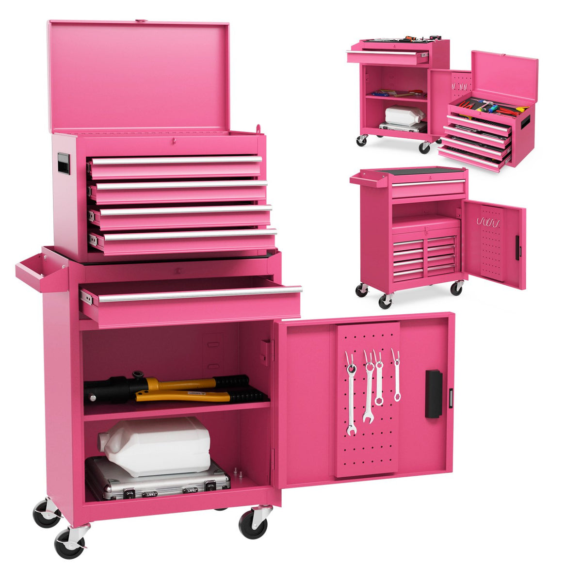 2-in-1 Rolling Tool Chest with 5 Sliding Lockable Drawers-Pink view 4