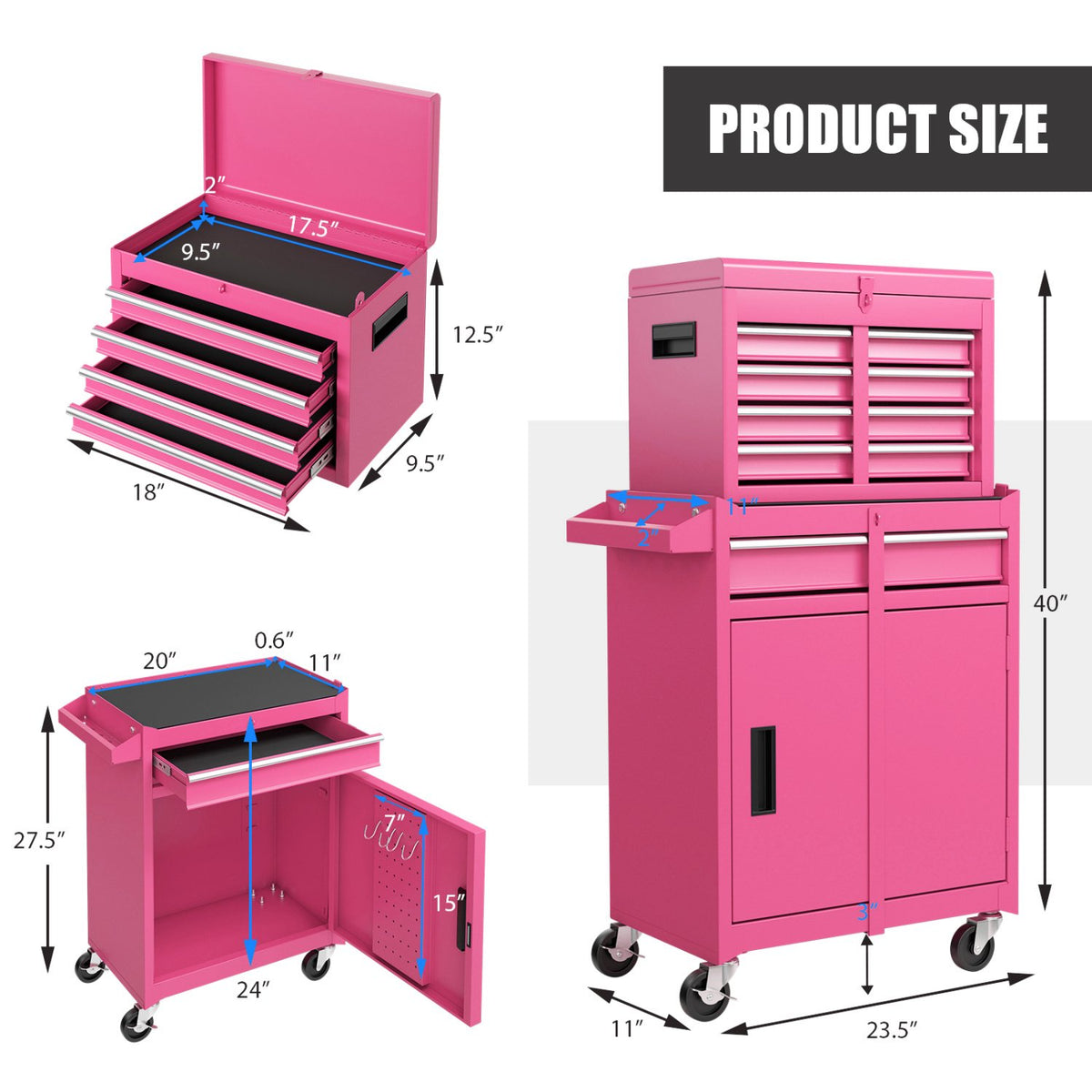 2-in-1 Rolling Tool Chest with 5 Sliding Lockable Drawers-Pink view 5