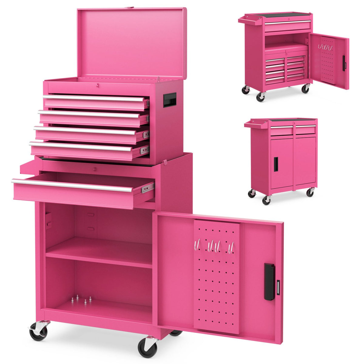 2-in-1 Rolling Tool Chest with 5 Sliding Lockable Drawers-Pink view 6