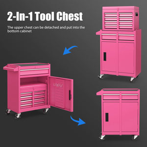 2-in-1 Rolling Tool Chest with 5 Sliding Lockable Drawers-Pink view 7