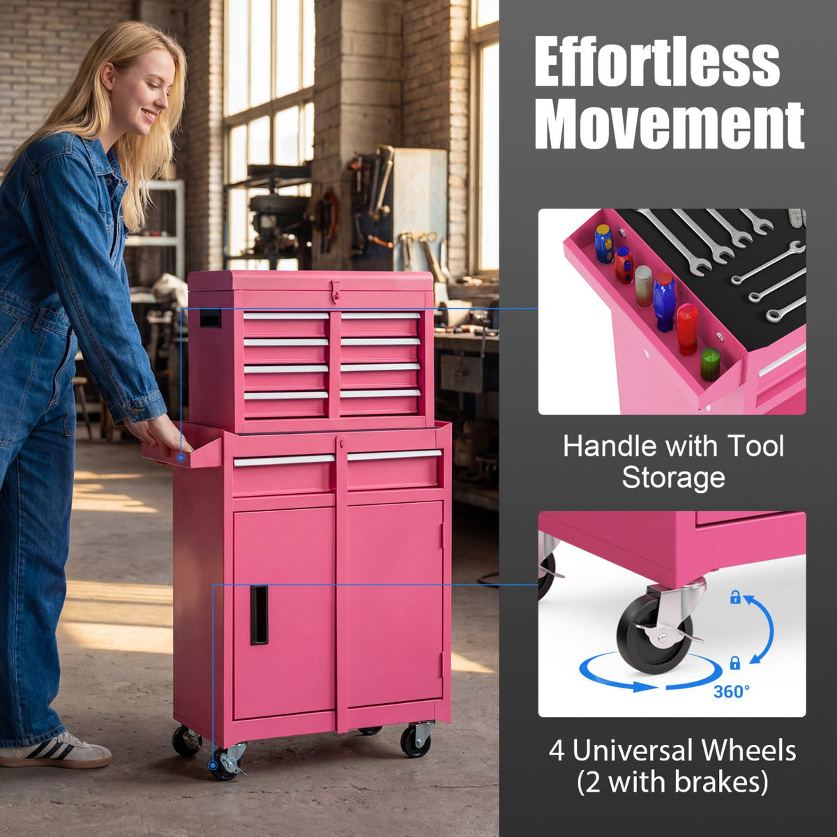 2-in-1 Rolling Tool Chest with 5 Sliding Lockable Drawers-Pink view 8