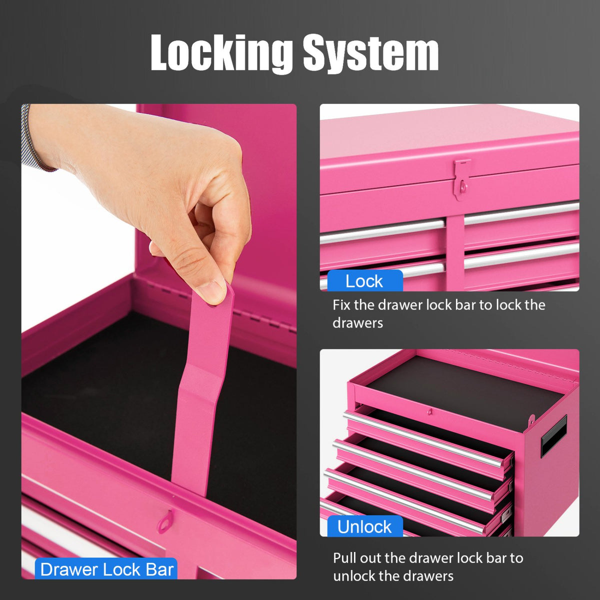 2-in-1 Rolling Tool Chest with 5 Sliding Lockable Drawers-Pink view 9