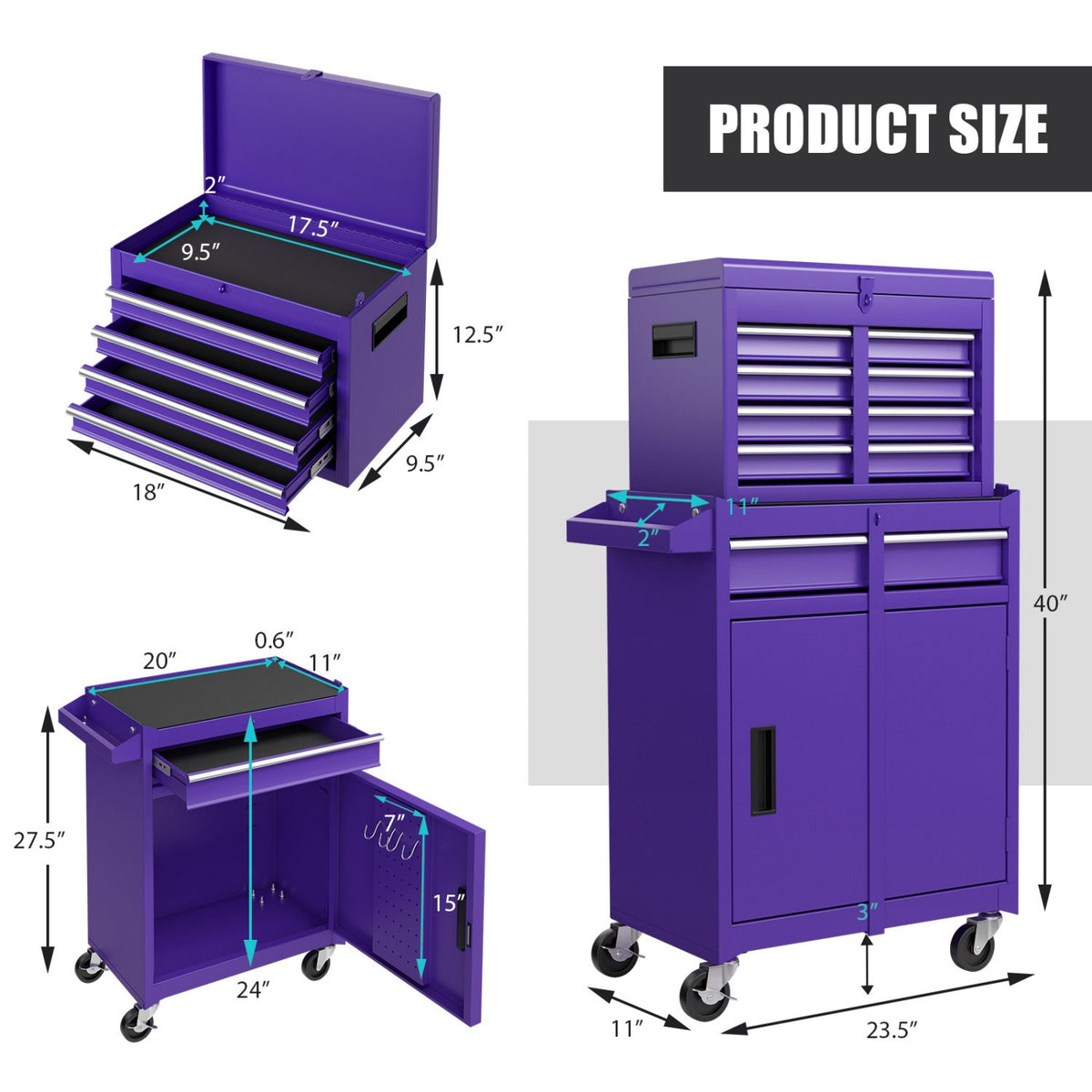 2-in-1 Rolling Tool Chest with 5 Sliding Lockable Drawers-Purple view 5