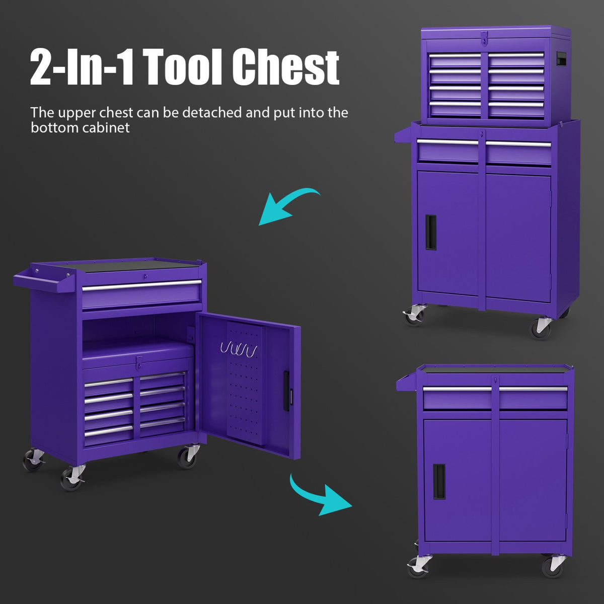 2-in-1 Rolling Tool Chest with 5 Sliding Lockable Drawers-Purple view 7
