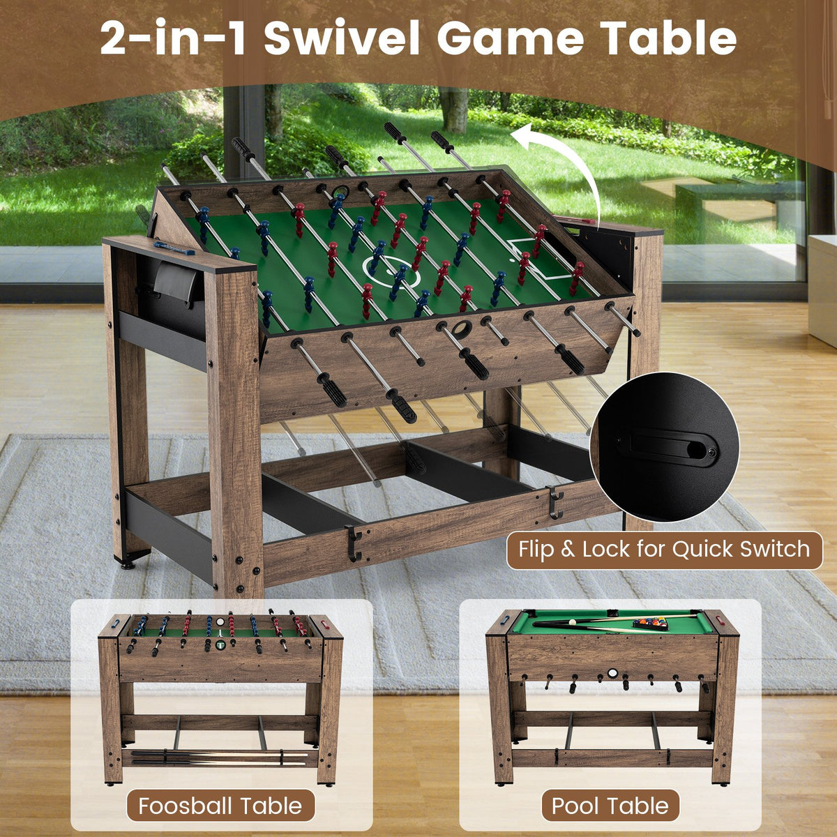 2-in-1 Swivel Foosball and Pool Combo Game Table -Natural view 5