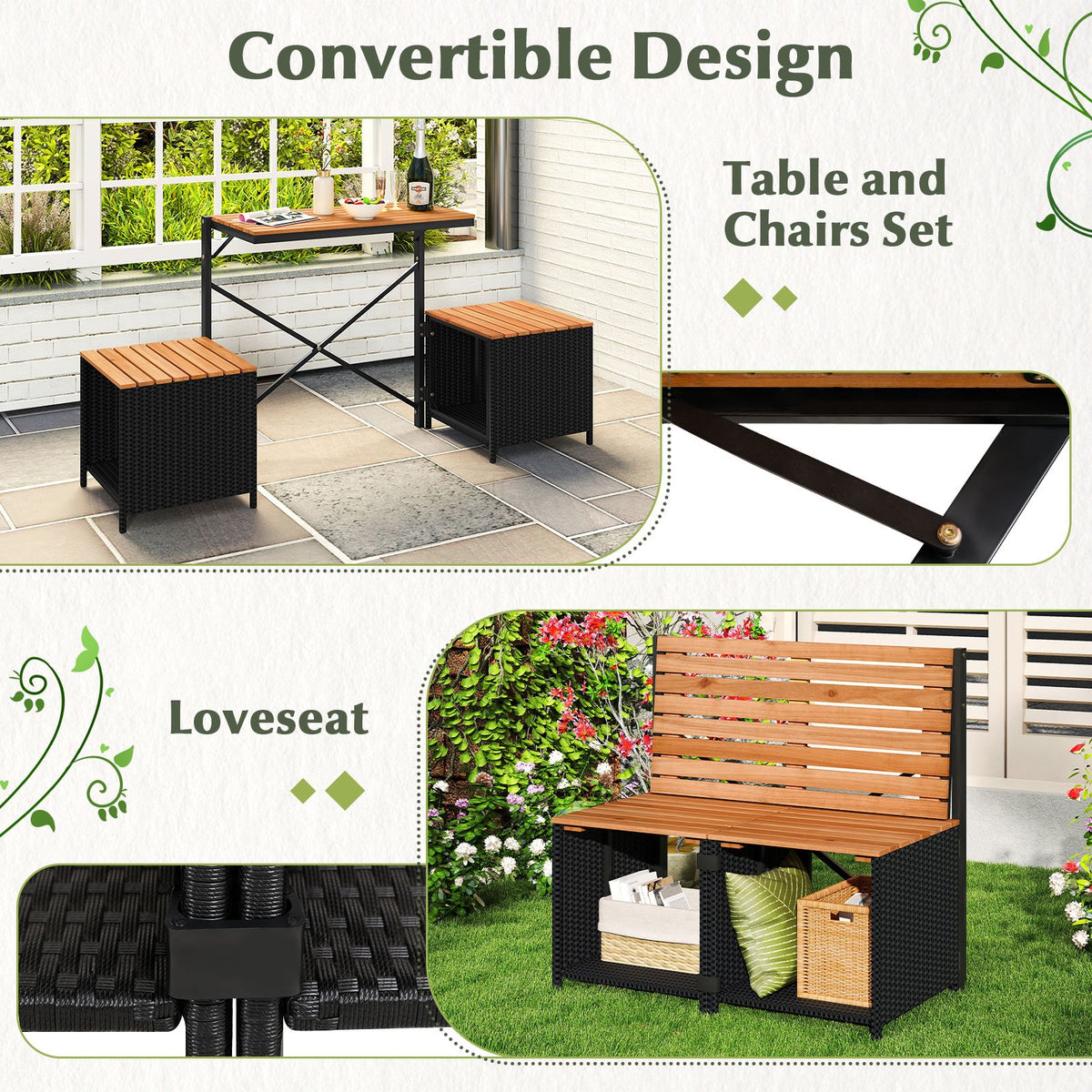 2-in-1 Transforming Picnic Table and Chairs Set with Storage view 7