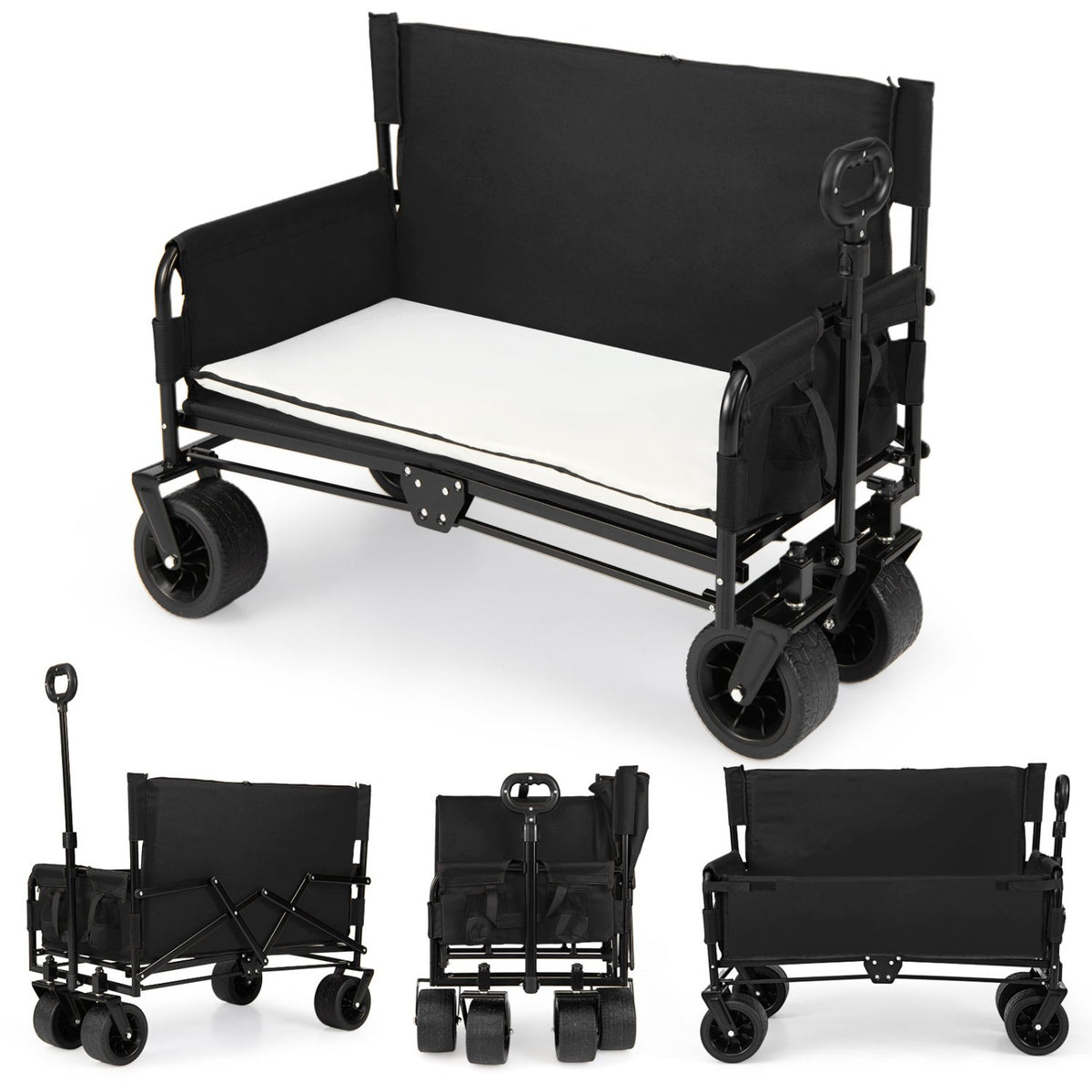 2-in-1 Wagon Bench Seat Combo Collapsible Beach Cart with Handle and Cushion-Black