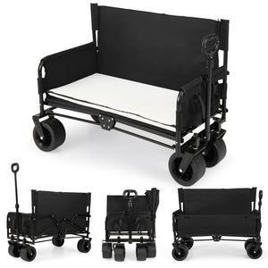 2-in-1 Wagon Bench Seat Combo Collapsible Beach Cart with Handle and Cushion-Black