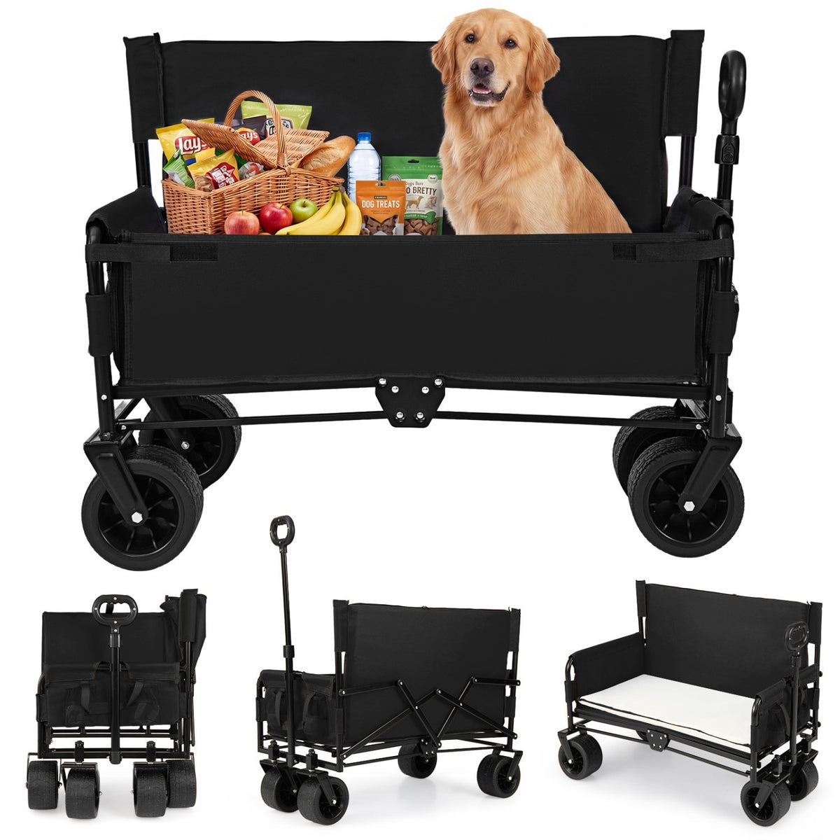 2-in-1 Wagon Bench Seat Combo Collapsible Beach Cart with Handle and Cushion-Black view 2