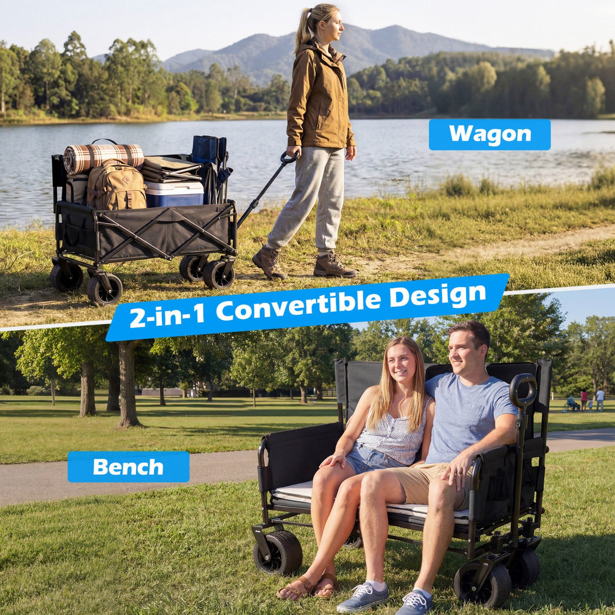 2-in-1 Wagon Bench Seat Combo Collapsible Beach Cart with Handle and Cushion-Black view 5