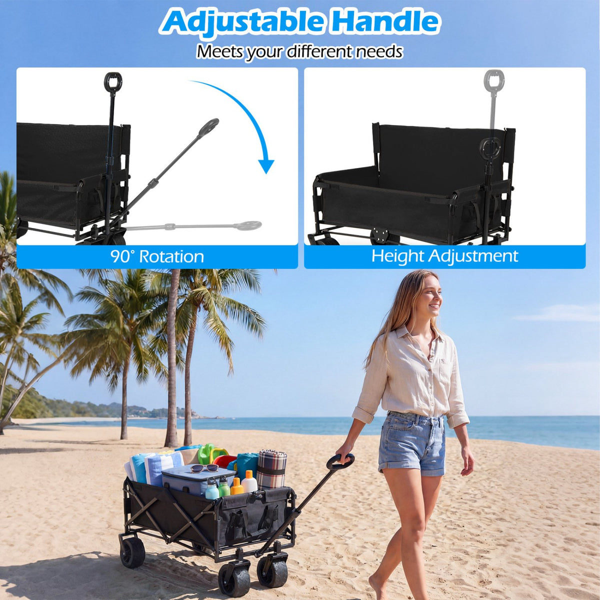 2-in-1 Wagon Bench Seat Combo Collapsible Beach Cart with Handle and Cushion-Black view 6